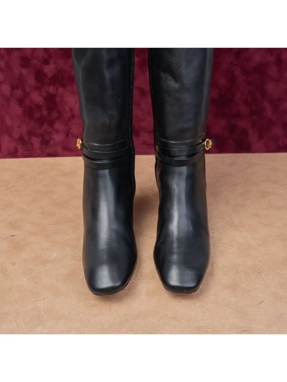 Tory Burch Women 55mm Black Leather T Logo Zip Fashion Party Knee Boots sz 7